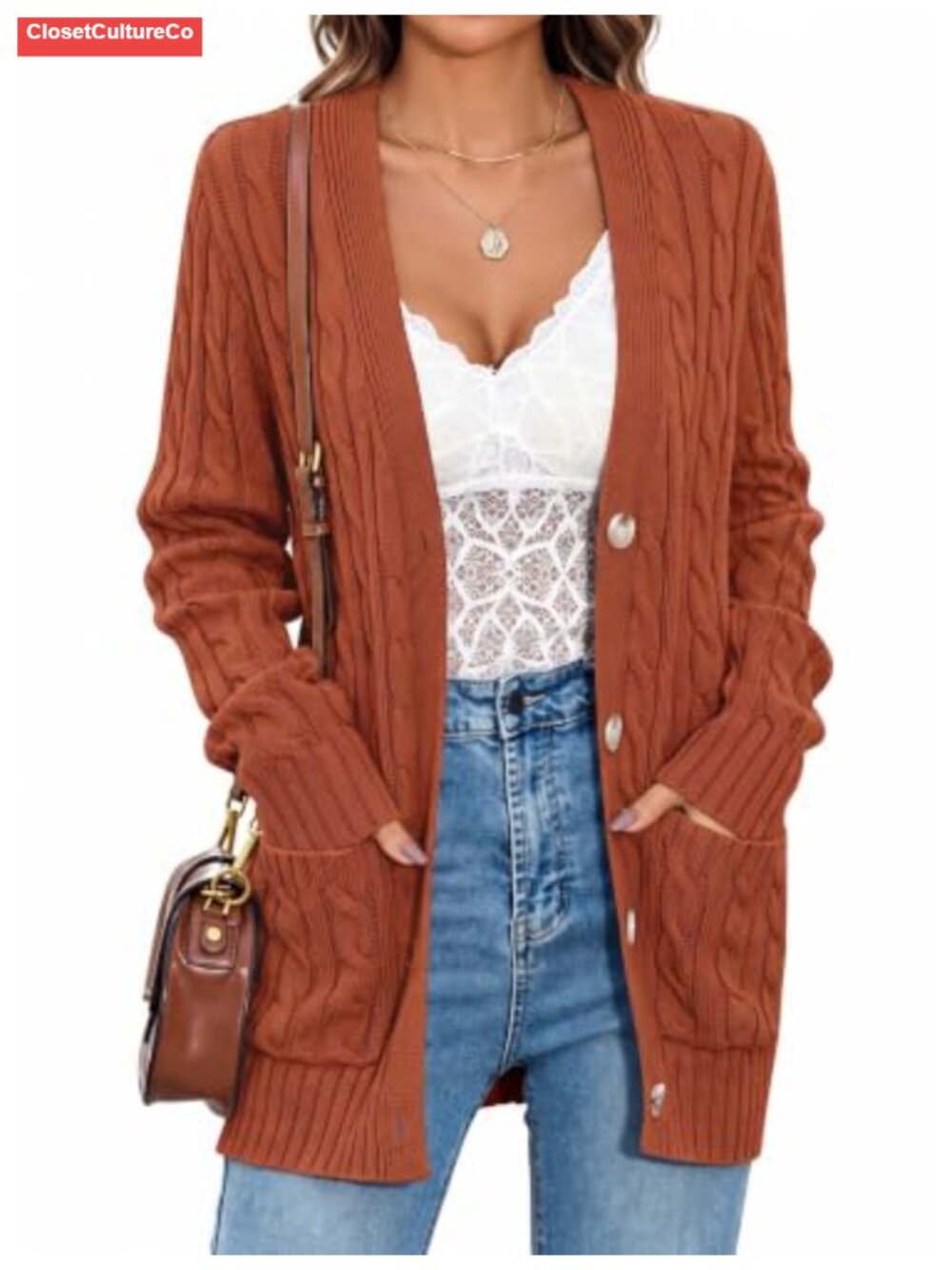 Merokee Cable Knit Button Down Oversized Cardigan Sweater